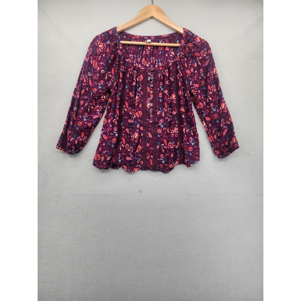 Mudd Purple Floral Peasant Top Small Boho Rayon Button Henley 3/4 Sleeve Blouse